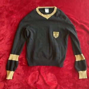 Chanel 100% Cashmere Black & Gold Sweater Top W/ Beaded Lock Flower Emblem, 40